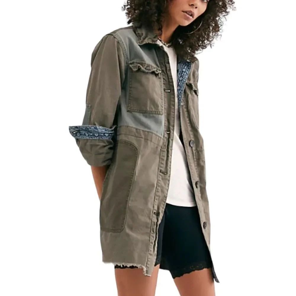 We The Free Green Utility Cargo Midi Casual Oversized Button Front Jacket Coat